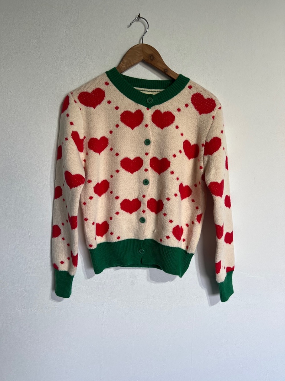 Vintage-Inspired Cream Cardigan Sweater with Red Hearts and Green Trim NWOT